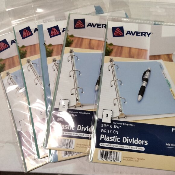 5 packs Avery Write-On Standard Tab Plastic Dividers 5-Tab 5 1/2 x 8 1/2 #16180 - Picture 1 of 3